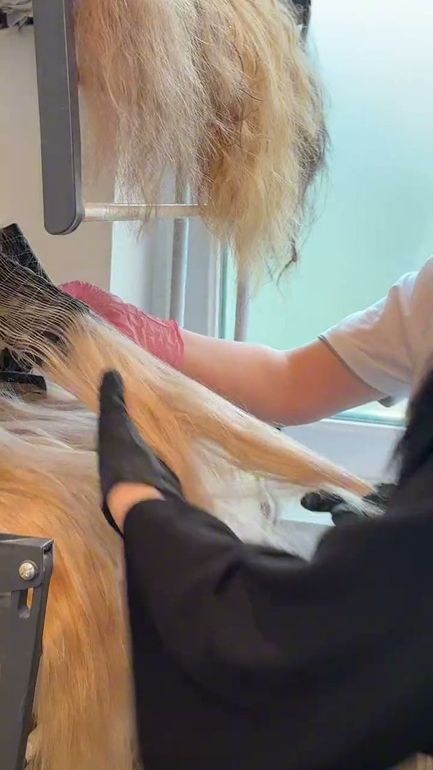 Hair weft production: sewing the weft on a machine, mixing the dye, then combing and washing the coloured hair.
