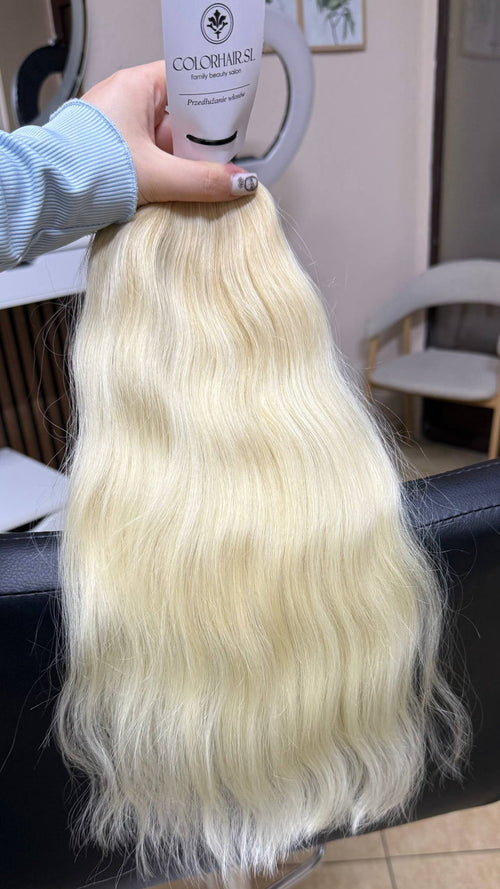 Extensiones de cabello eslavo virgen 45 cm (18″), ondulado, decoloración en frío, rubio, un solo donante